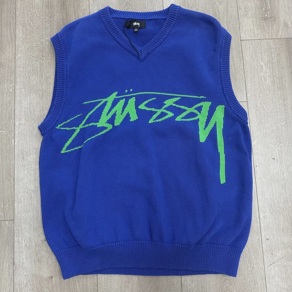 Stussy Big Logo Sweater Knit Vest Blue/Green sz Large L SF